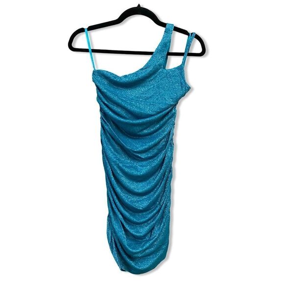 NWT Superdown Jayden Mini Dress in Blue metallic micro knit ruched Revolve M - Picture 6 of 10